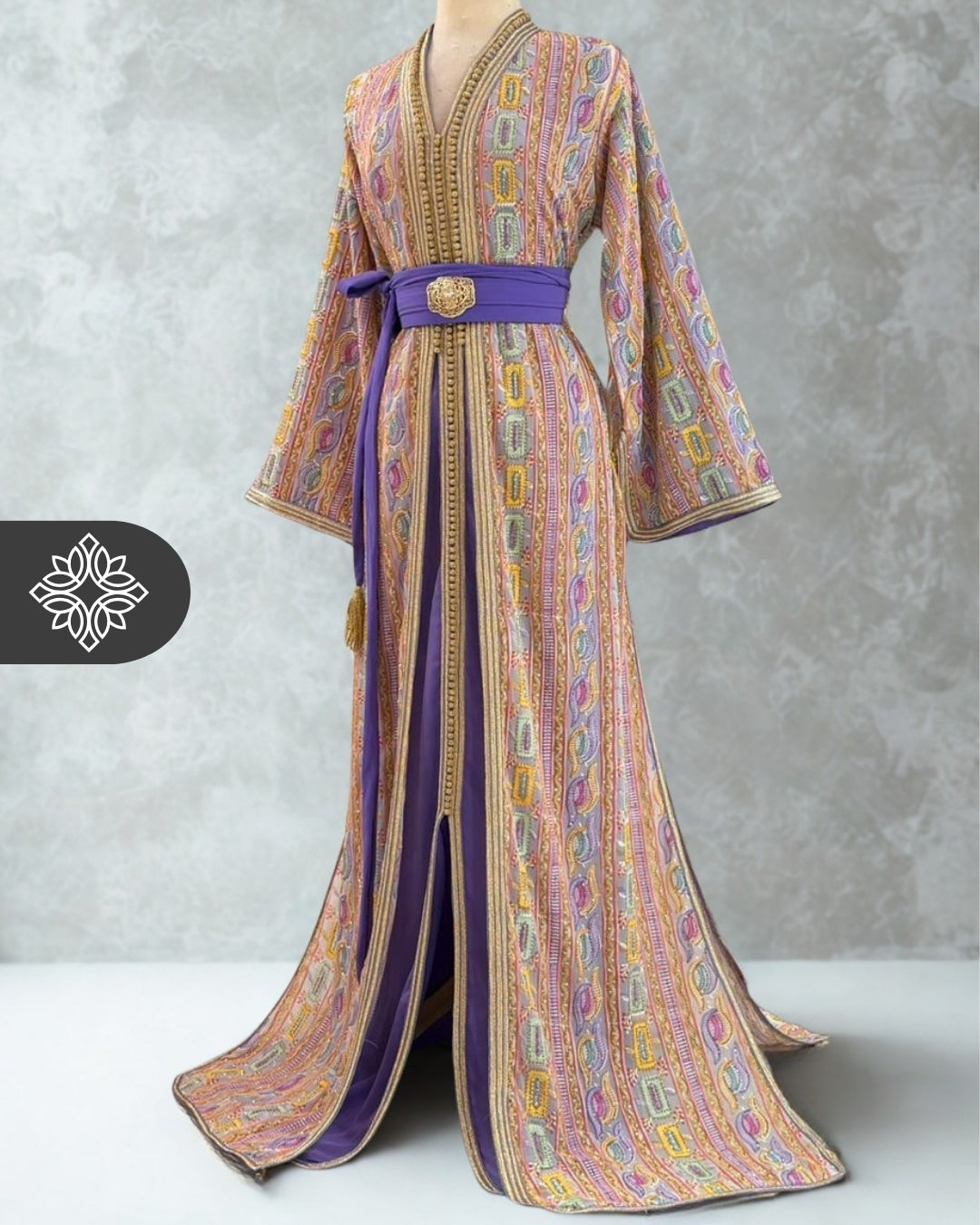 Amethyst Mosaic Moroccan Takshita  Multicolor Silk Embroidery Two-Piece Caftan Dress