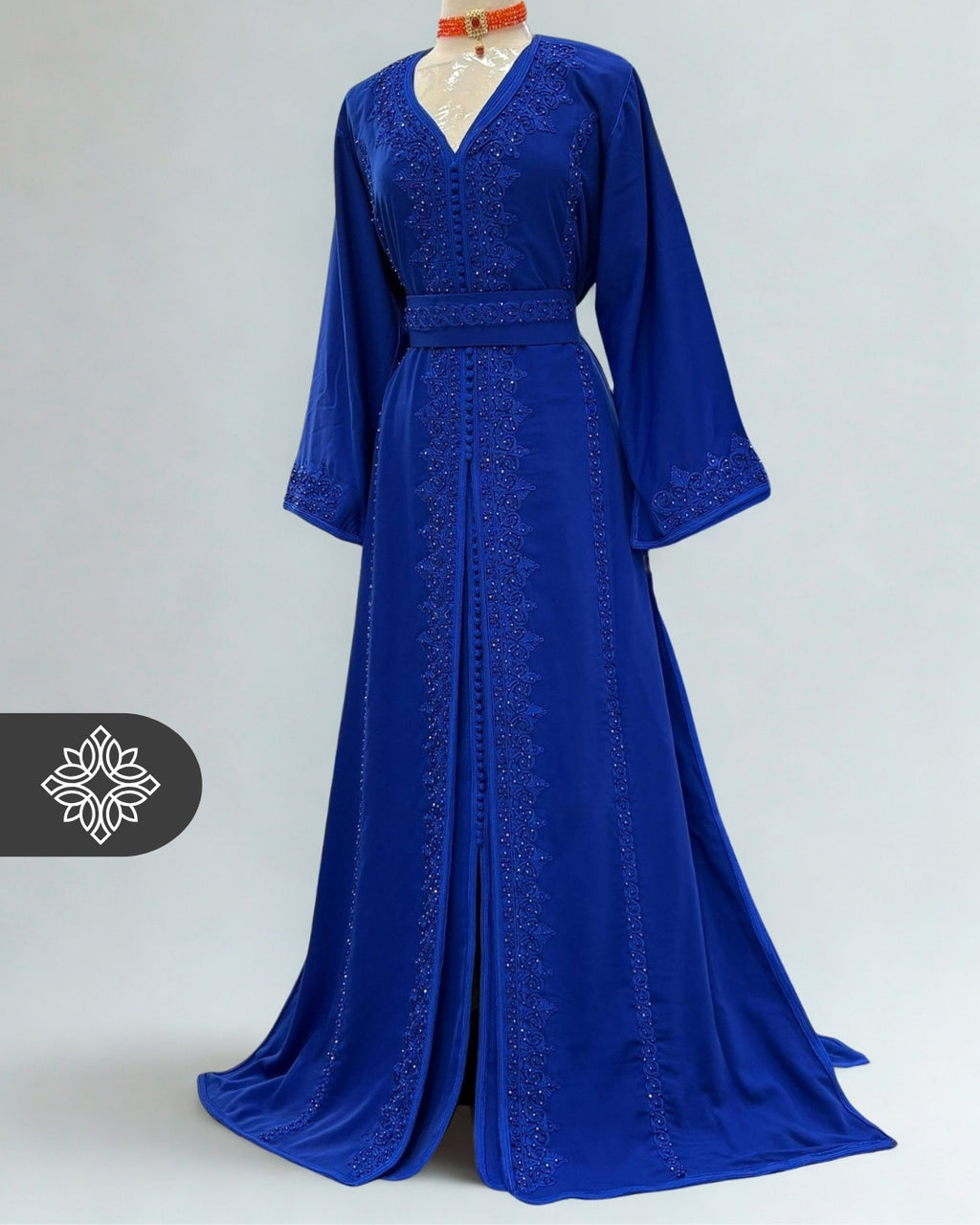 Royal Blue Moroccan Takchita | Couture Two-Piece Kaftan | Monochrome Stone Embroidery