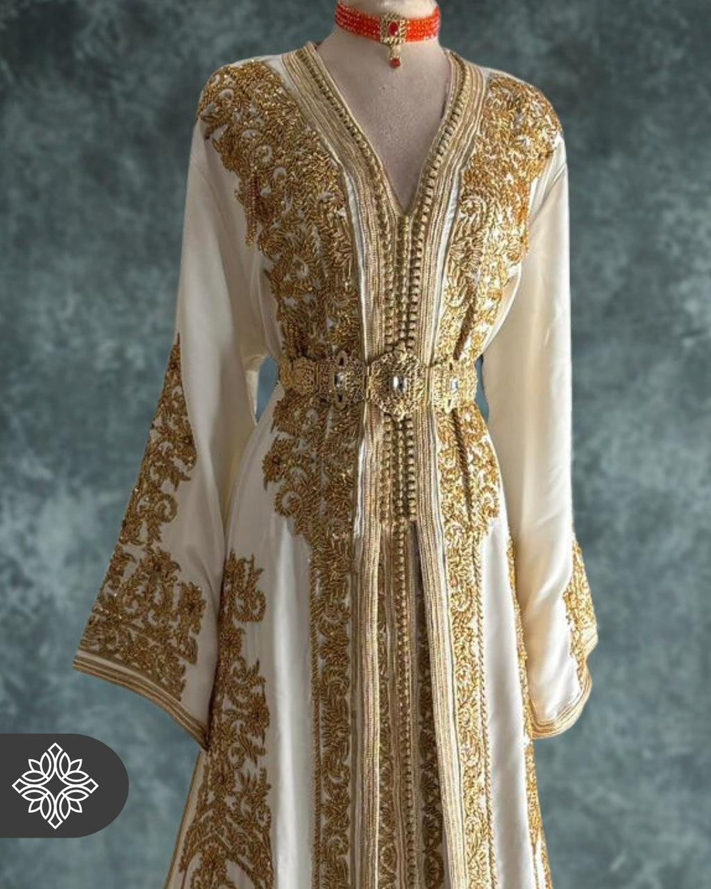 Bridal White Moroccan Takchita | Royal Wedding Couture Two-Piece Kaftan | Golden Heritage Embroidery