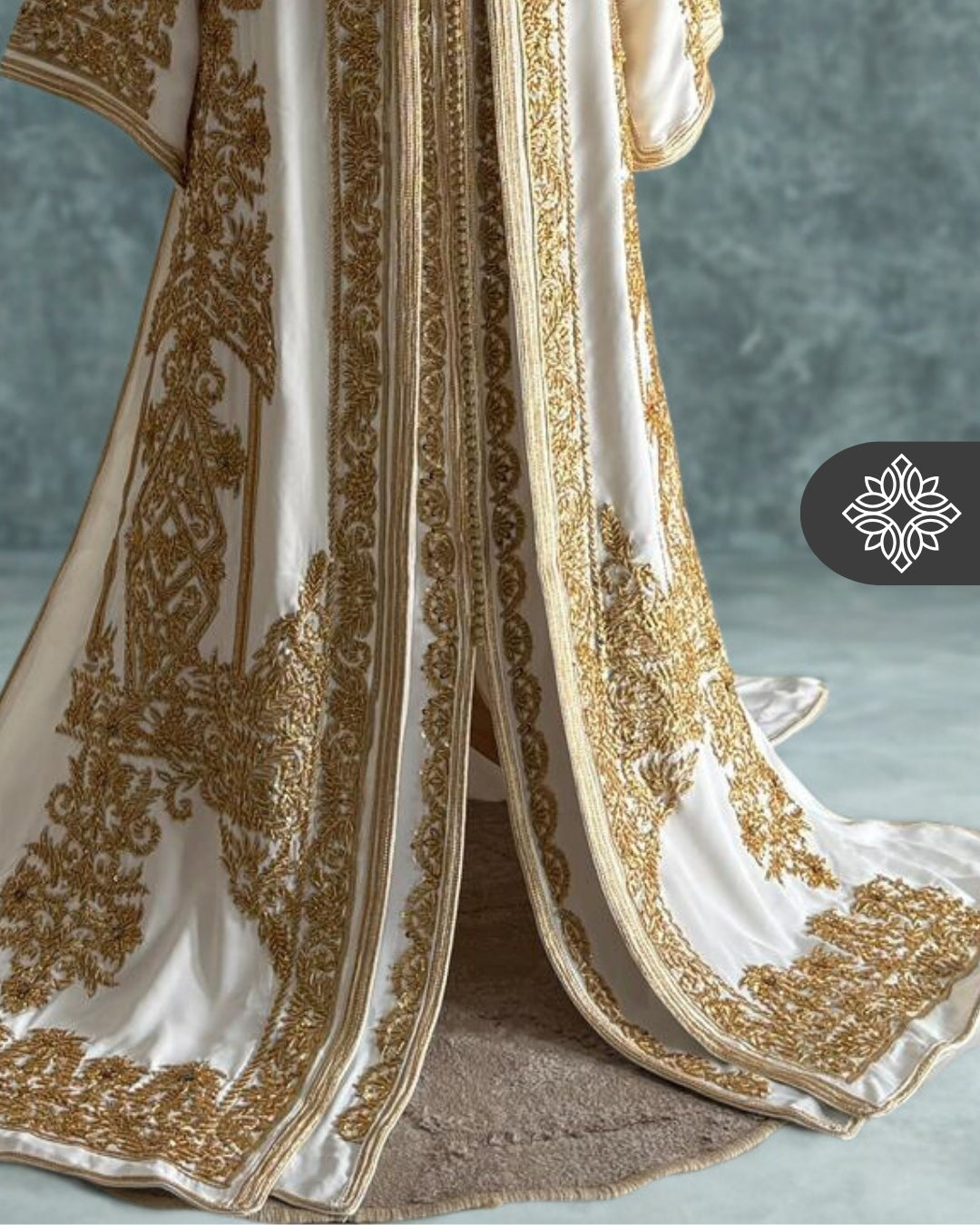 Takchita blanche marocaine de mariée | Caftan deux pièces haute couture pour mariage royal | Broderie dorée traditionnelle