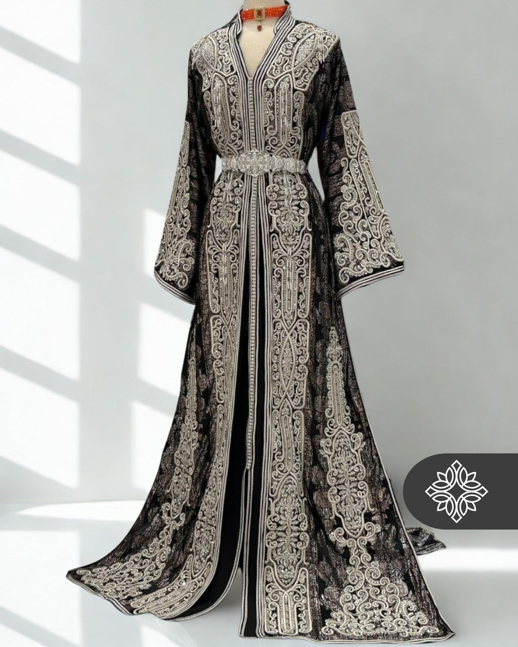 Royal Black Brocade Moroccan Takchita | VIP Two-Piece Kaftan | Silver Heritage Embroidery