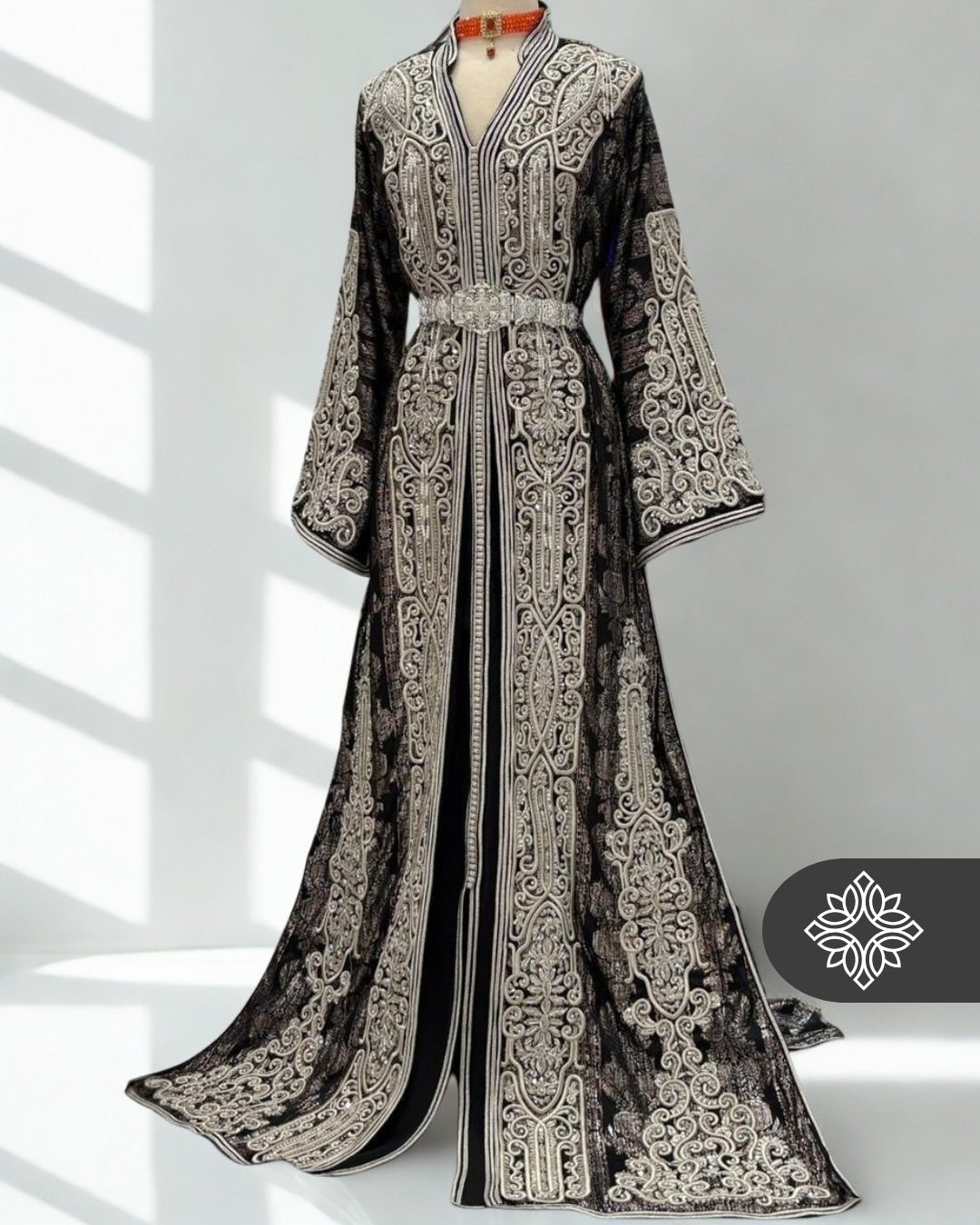 Royal Black Brocade Moroccan Takchita | VIP Two-Piece Kaftan | Silver Heritage Embroidery