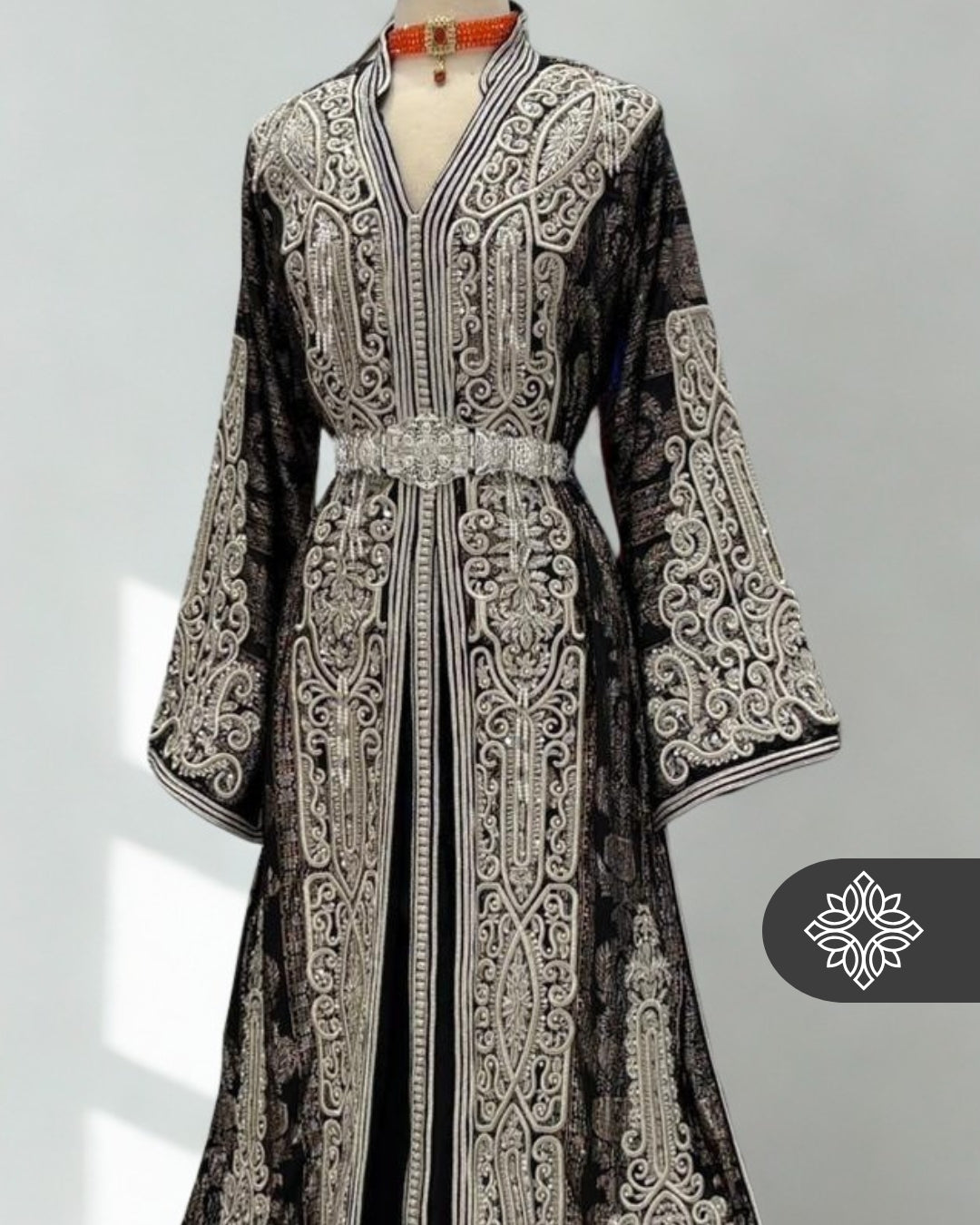 Royal Black Brocade Moroccan Takchita | VIP Two-Piece Kaftan | Silver Heritage Embroidery