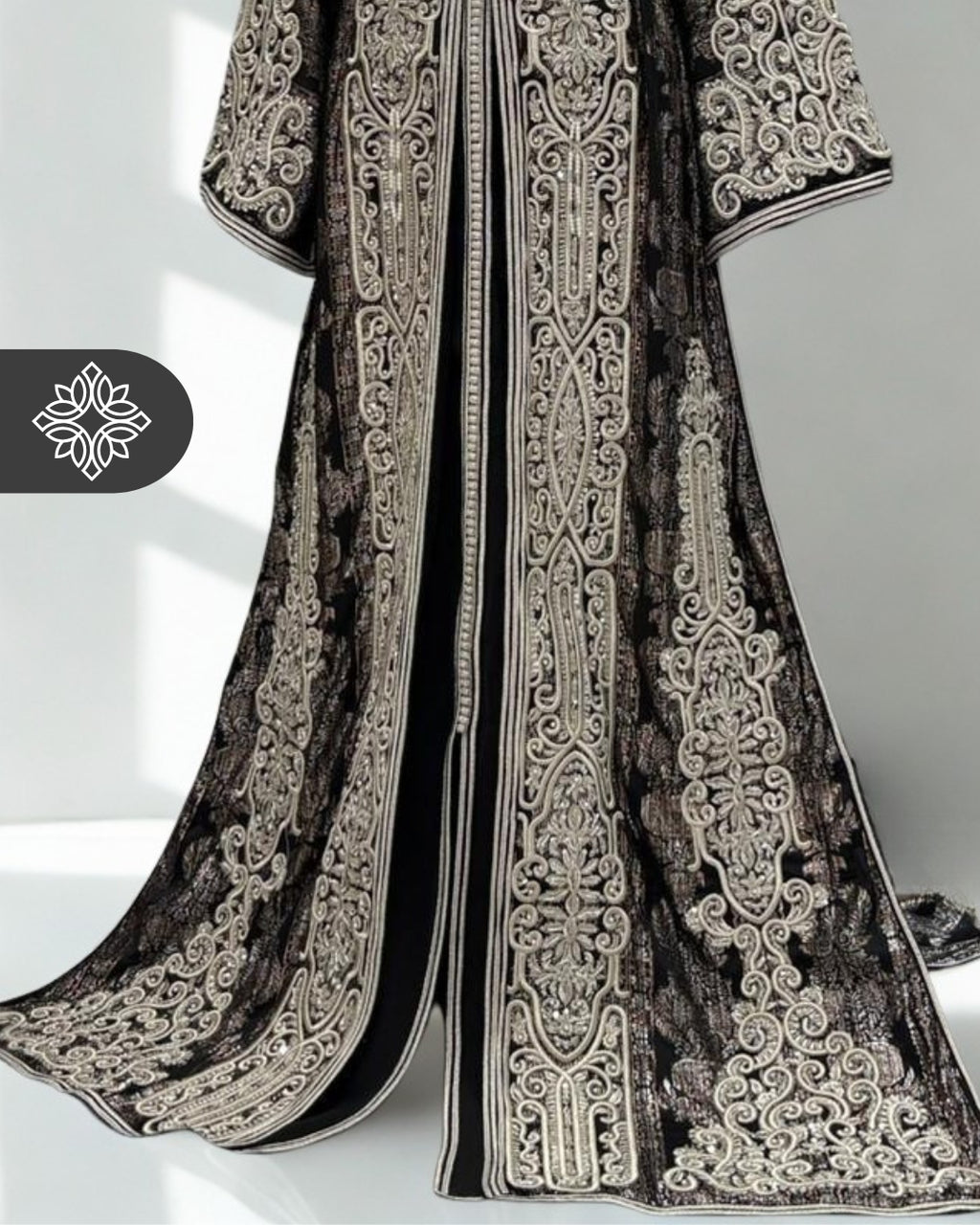 Royal Black Brocade Moroccan Takchita | VIP Two-Piece Kaftan | Silver Heritage Embroidery
