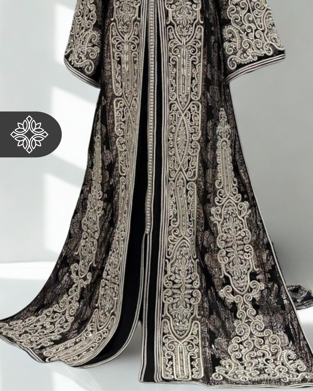 Royal Black Brocade Moroccan Takchita | VIP Two-Piece Kaftan | Silver Heritage Embroidery