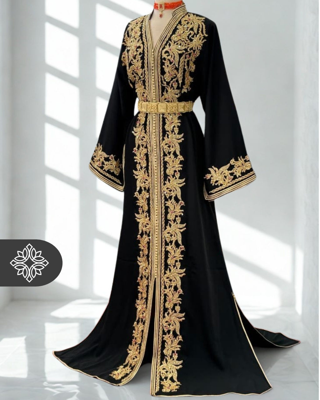 Royal Black Moroccan Kaftan | Luxury One-Piece Caftan | Golden Tonal Embroidery & Stone Detailing