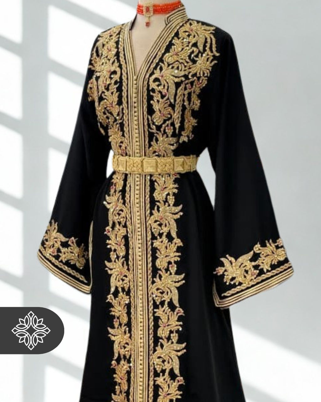 Royal Black Moroccan Kaftan | Luxury One-Piece Caftan | Golden Tonal Embroidery & Stone Detailing