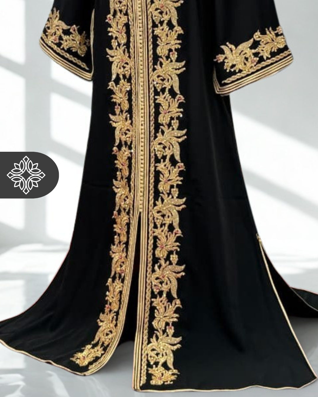 Royal Black Moroccan Kaftan | Luxury One-Piece Caftan | Golden Tonal Embroidery & Stone Detailing
