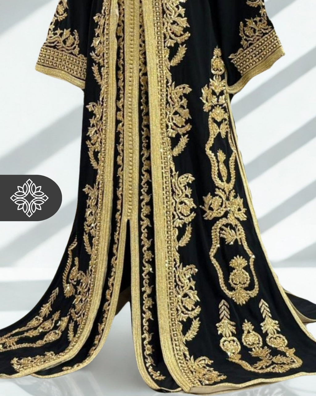 Royal Black Moroccan Takchita | Luxury Two-Piece Kaftan | Golden Tonal Embroidery