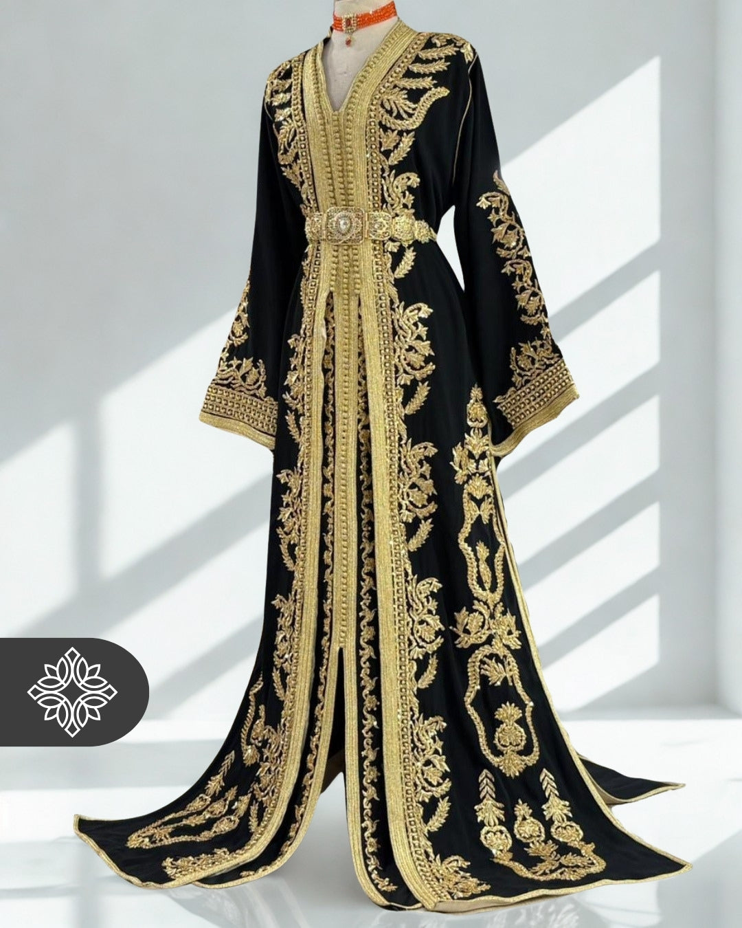 Royal Black Moroccan Takchita | Luxury Two-Piece Kaftan | Golden Tonal Embroidery