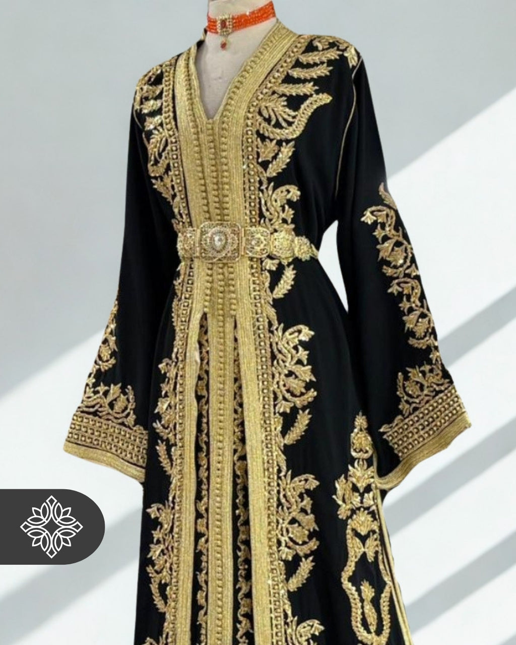Royal Black Moroccan Takchita | Luxury Two-Piece Kaftan | Golden Tonal Embroidery