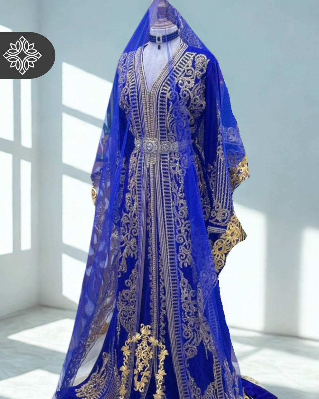 Royal Blue Kaftan Wedding Dress with Golden Hand Embroidery & Veil