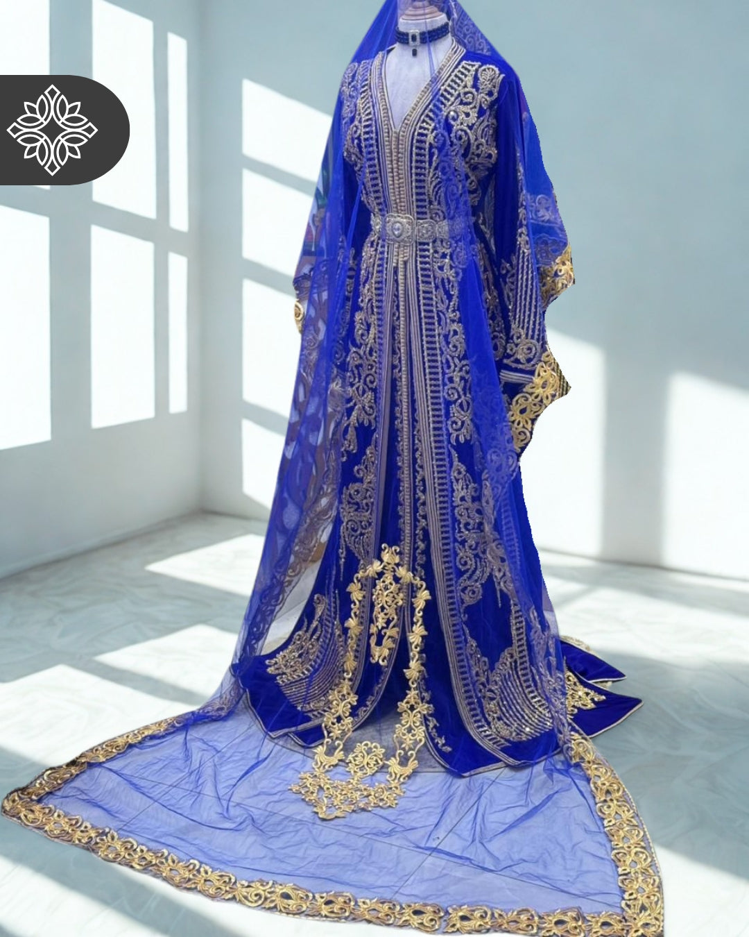 Royal Blue Kaftan Wedding Dress with Golden Hand Embroidery & Veil