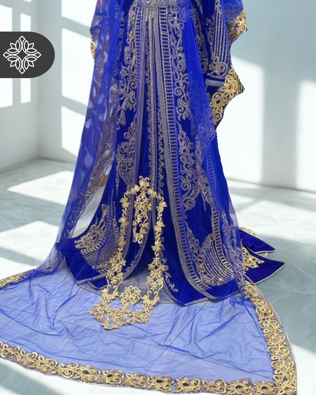 Royal Blue Kaftan Wedding Dress with Golden Hand Embroidery & Veil