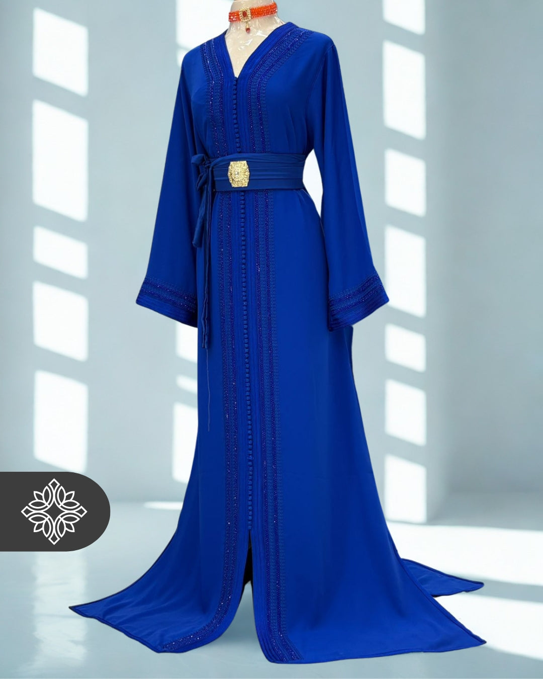 Royal Blue Moroccan Kaftan | Luxury One-Piece Caftan | Tonal Embroidery with Stone Detailing