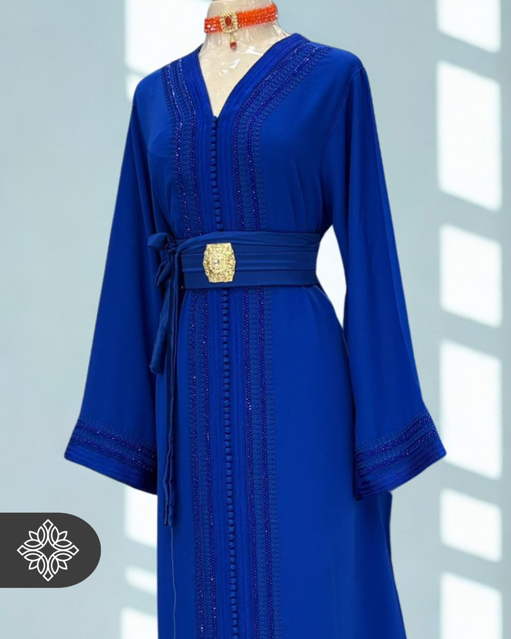 Royal Blue Moroccan Kaftan | Luxury One-Piece Caftan | Tonal Embroidery with Stone Detailing