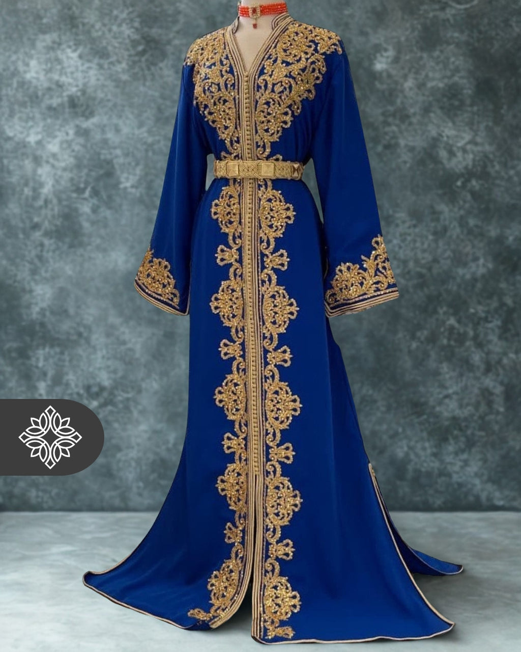 Royal Blue Moroccan Kaftan | VIP One-Piece Caftan | Golden Tonal Embroidery & Stone Detailing
