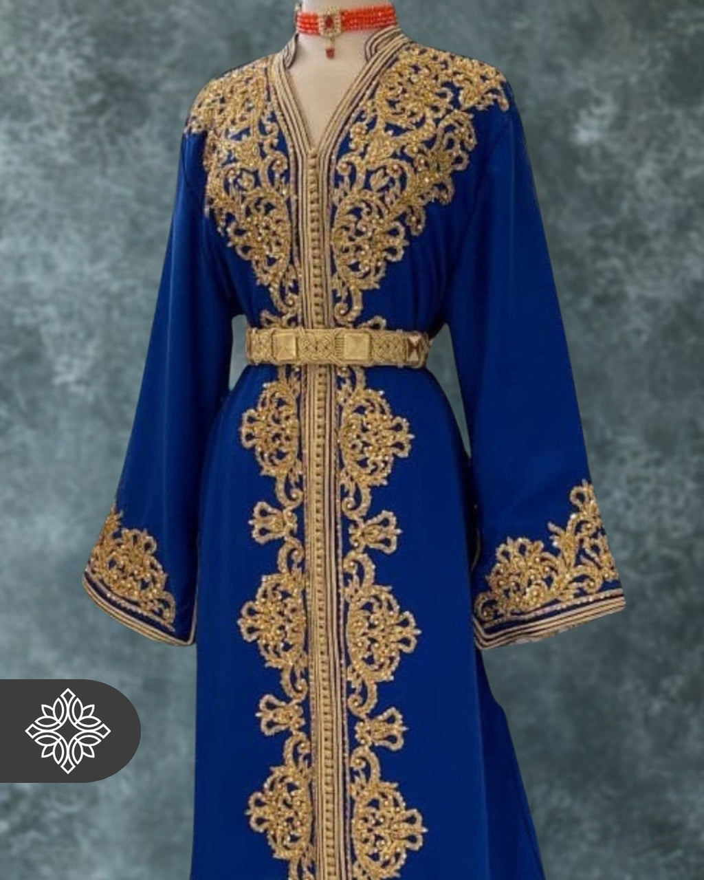 Royal Blue Moroccan Kaftan | VIP One-Piece Caftan | Golden Tonal Embroidery & Stone Detailing