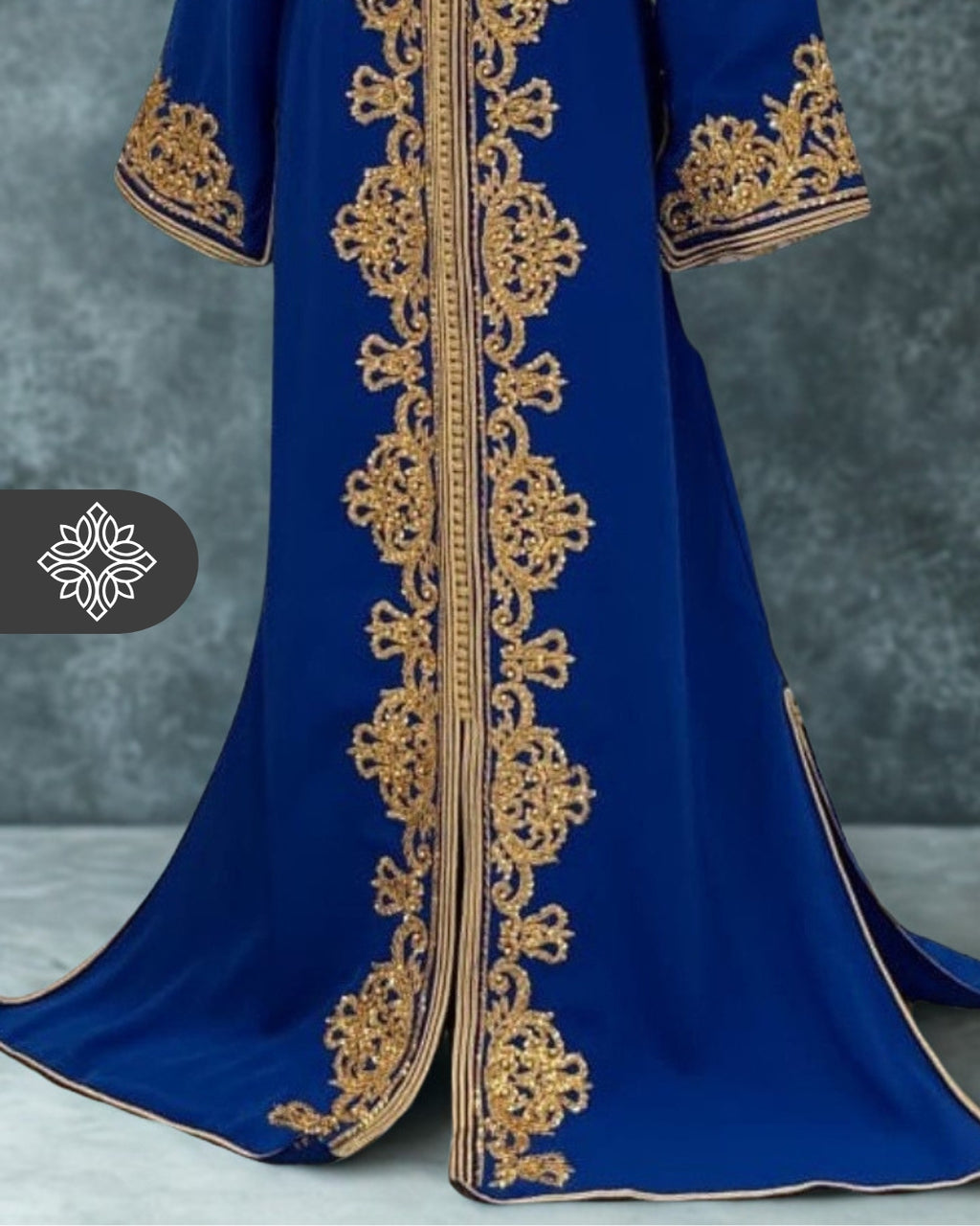 Royal Blue Moroccan Kaftan | VIP One-Piece Caftan | Golden Tonal Embroidery & Stone Detailing