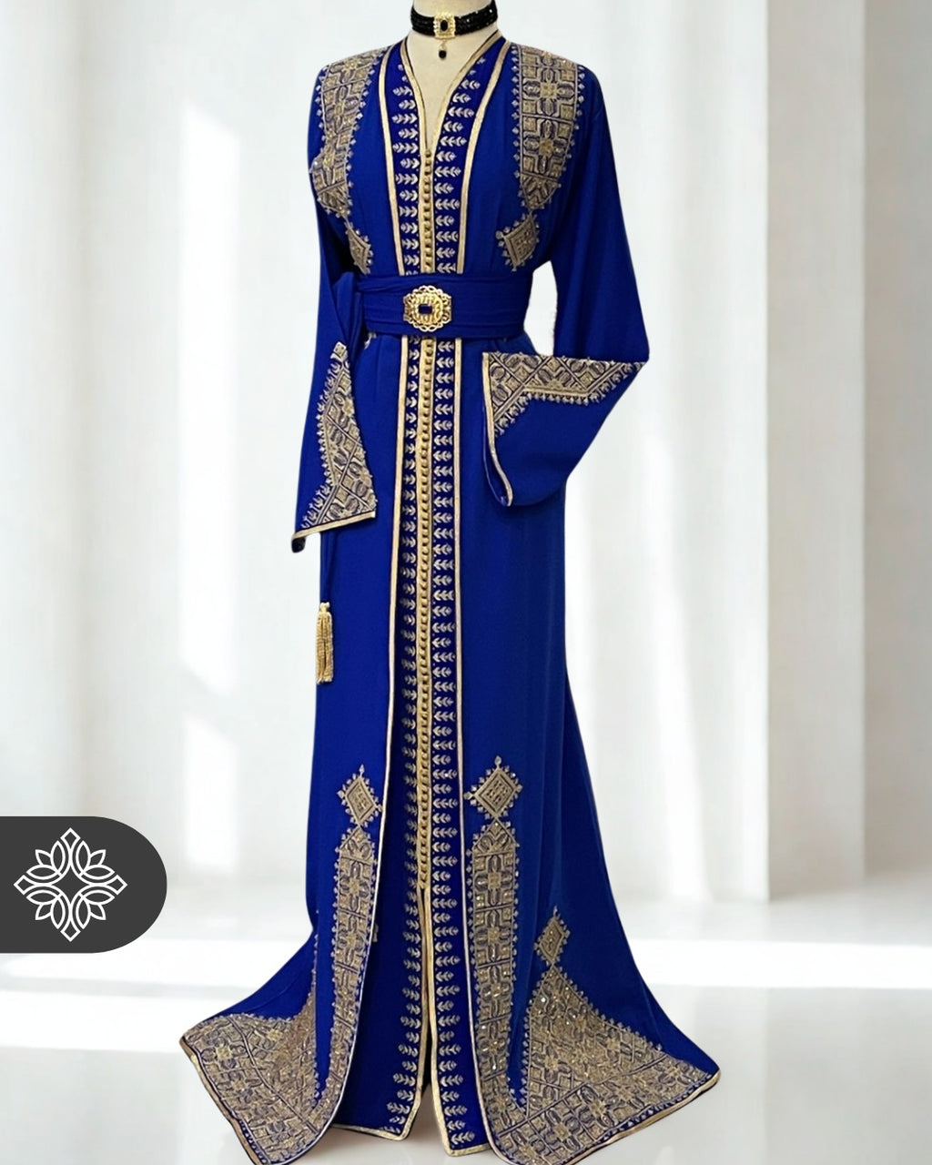 Royal Blue Moroccan Kaftan with Golden Hand Embroidery