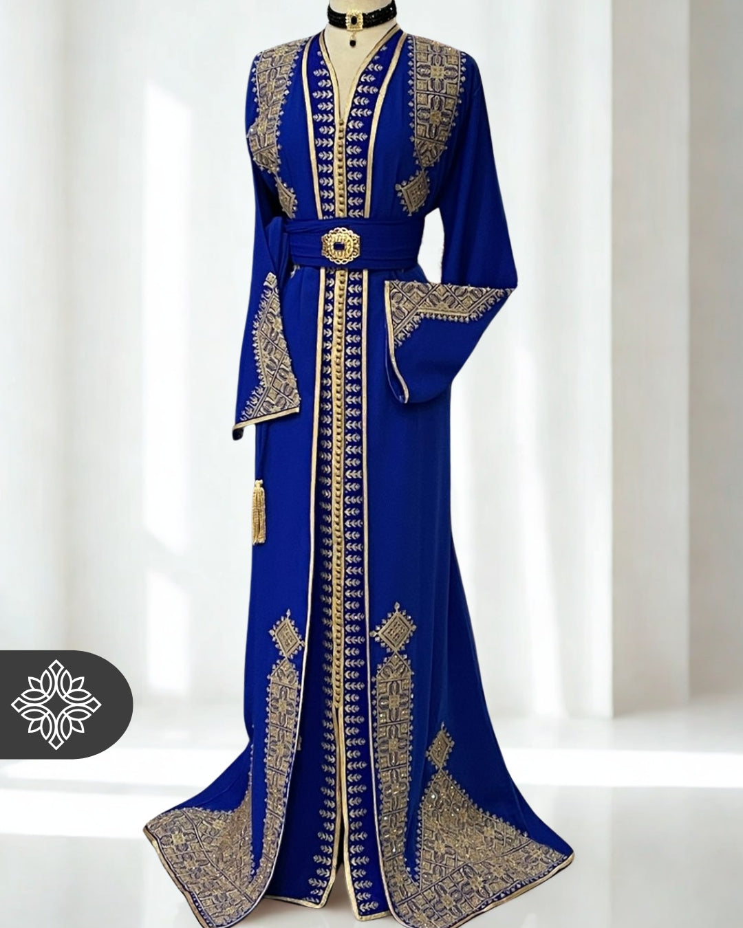 Royal Blue Moroccan Kaftan with Golden Hand Embroidery