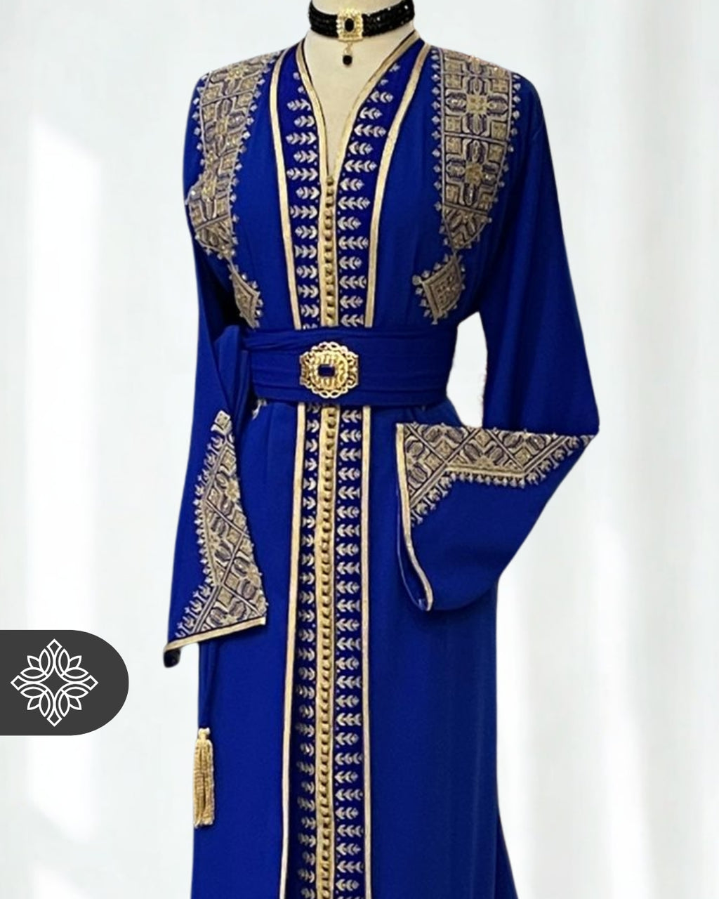 Royal Blue Moroccan Kaftan with Golden Hand Embroidery