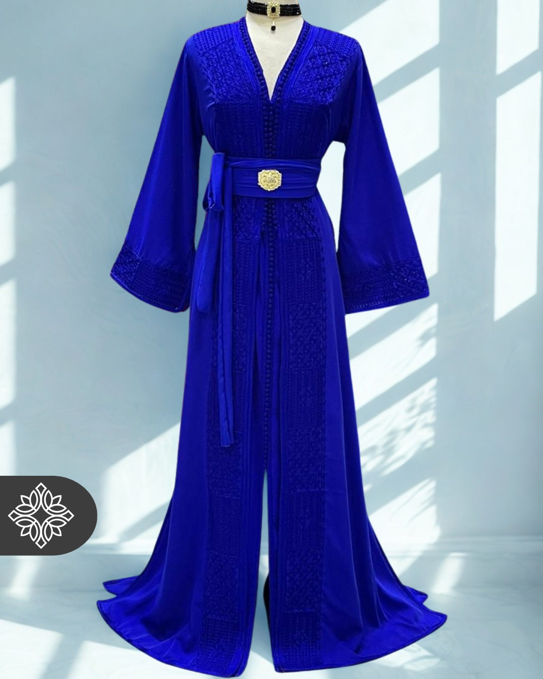 Royal Blue Moroccan Kaftan with Tonal Hand Embroidery | Two-Piece Modern Elegance