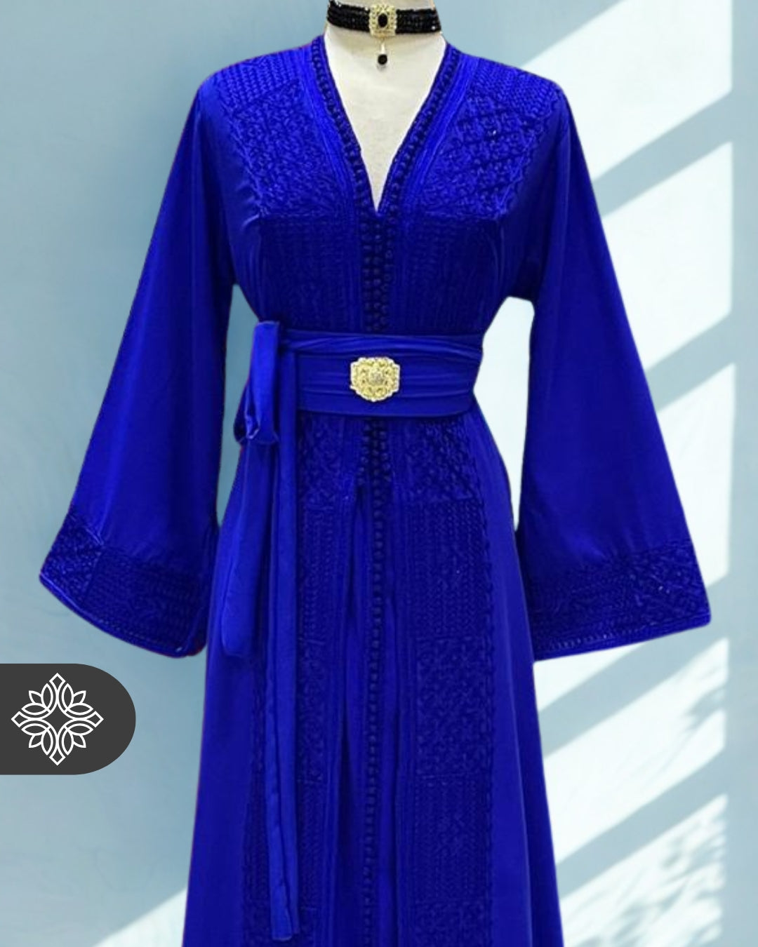 Royal Blue Moroccan Kaftan with Tonal Hand Embroidery | Two-Piece Modern Elegance