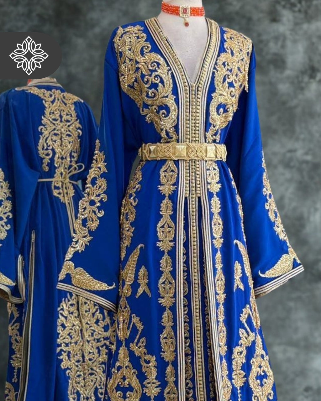 Takchita marocaine bleu royal | Caftan deux pièces haute couture | Broderie ton sur ton dorée