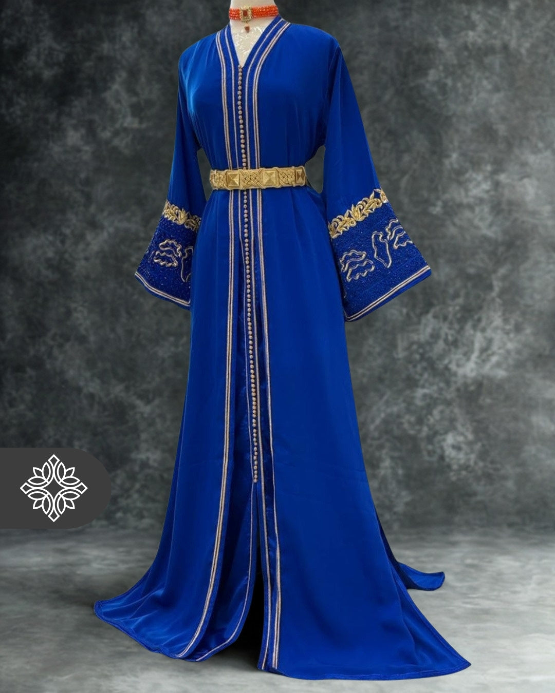 Royal Blue Moroccan Takchita | Luxury Kaftan | Golden Tonal Embroidery