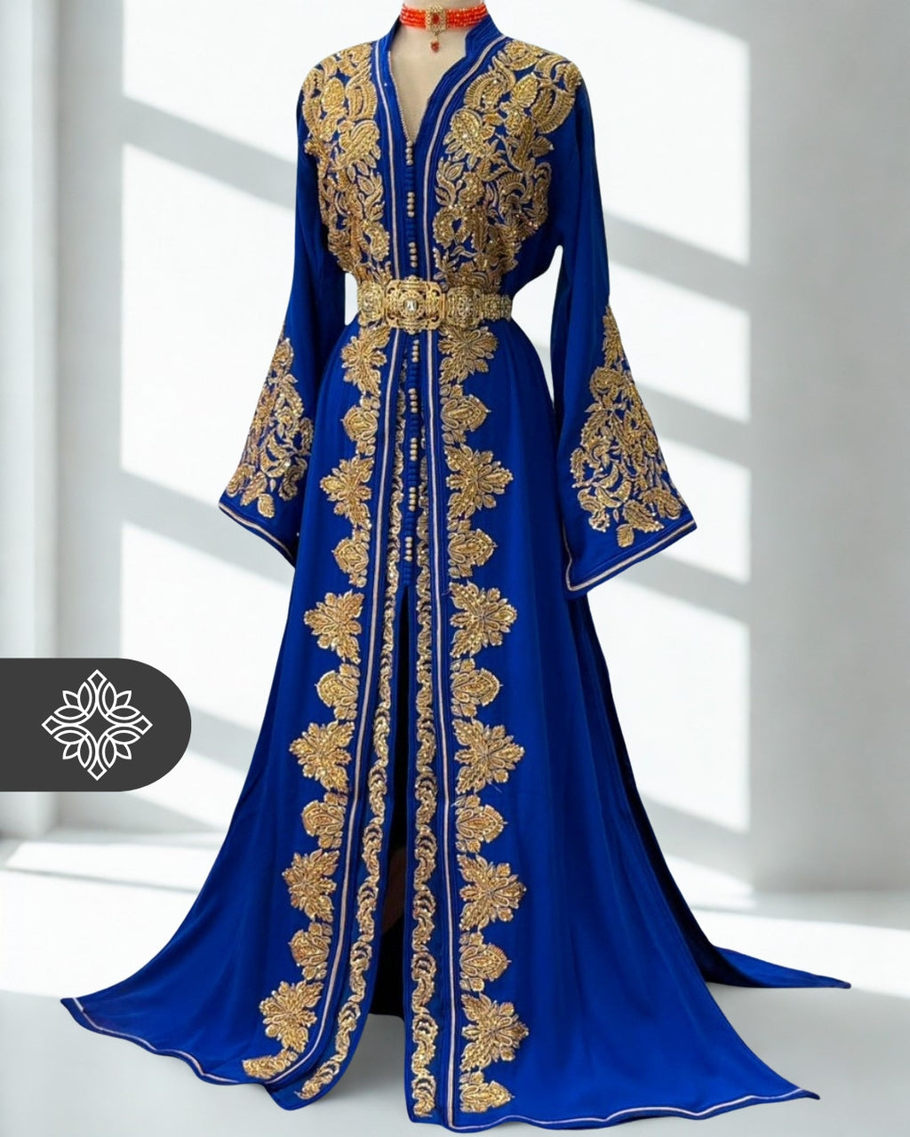 Royal Blue Moroccan Takchita | Luxury Two-Piece Kaftan | Golden Tonal Embroidery
