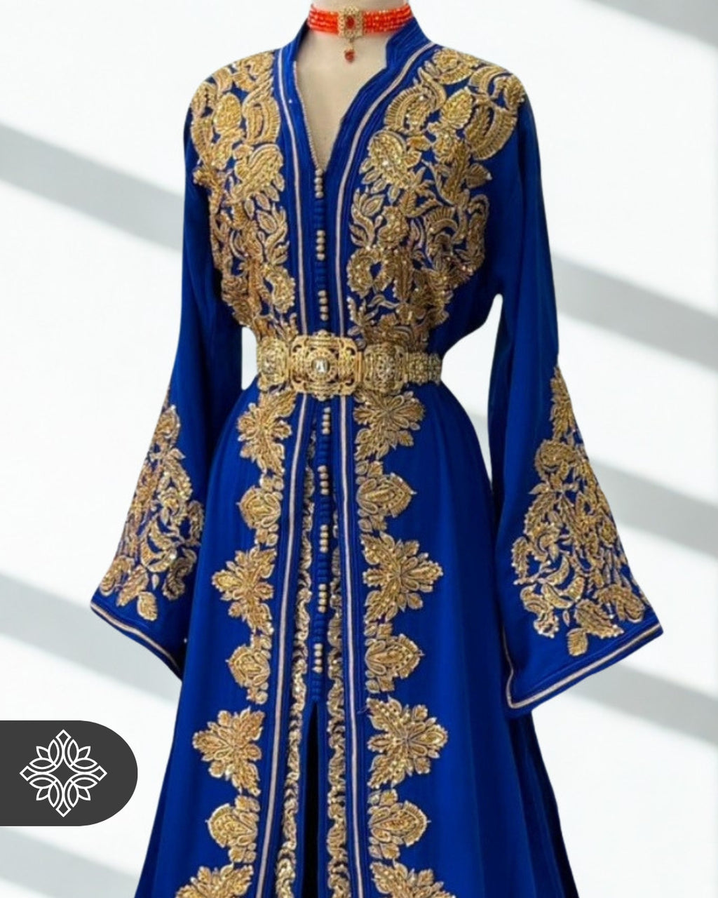 Royal Blue Moroccan Takchita | Luxury Two-Piece Kaftan | Golden Tonal Embroidery