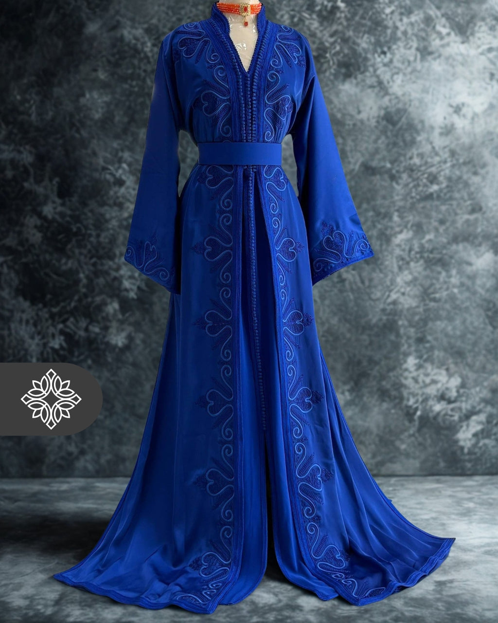 Royal Blue Moroccan Takchita | Luxury Two-Piece Kaftan | Tonal Hand Embroidery