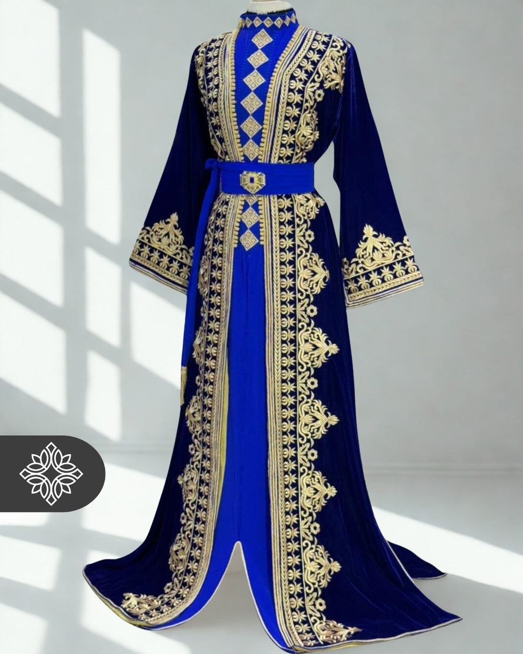 Royal Blue Moroccan Takchita | Luxury Velvet Two-Piece Kaftan | Golden Embroidery