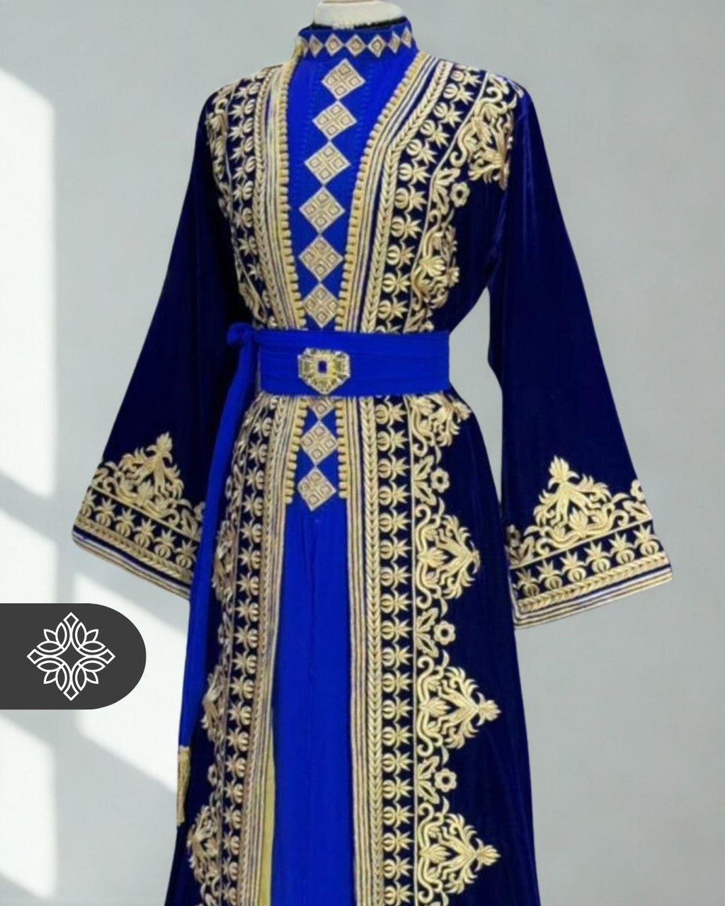 Royal Blue Moroccan Takchita | Luxury Velvet Two-Piece Kaftan | Golden Embroidery