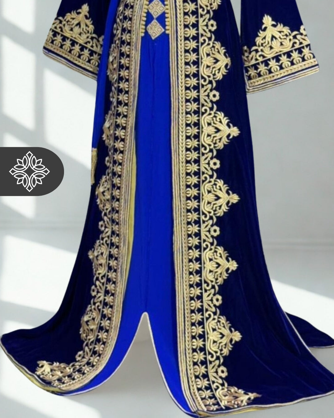 Royal Blue Moroccan Takchita | Luxury Velvet Two-Piece Kaftan | Golden Embroidery