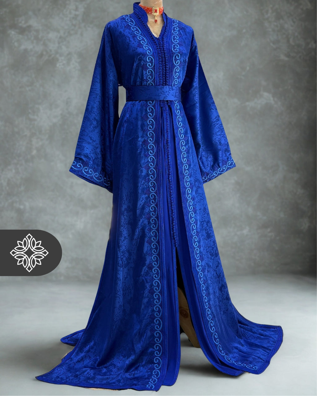 Royal Blue Moroccan Takchita |  Luxury Kaftan Two-Piece Couture | Tonal Embroidery
