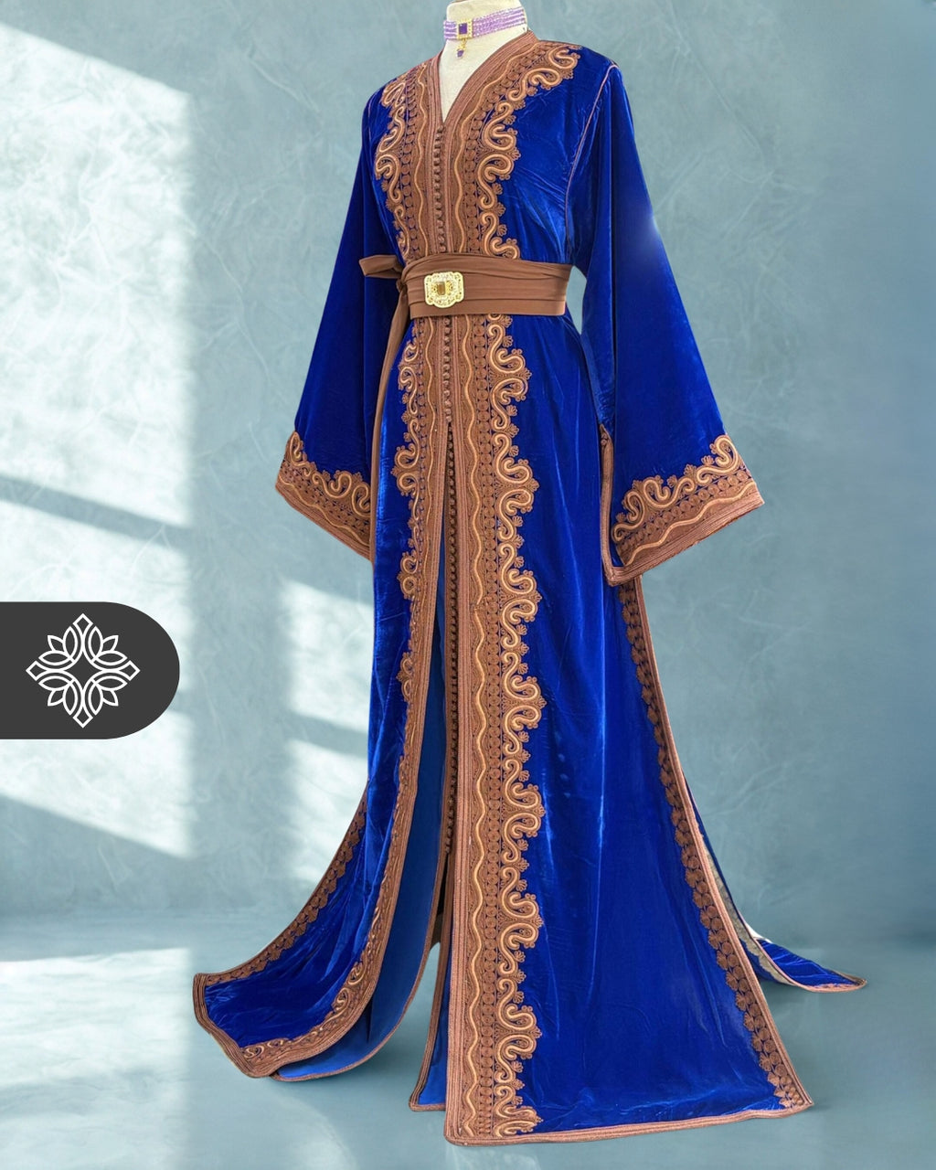 Royal Blue Moroccan Two-Piece Kaftan | Brown Tonal Embroidery | Luxury Evening Takchita