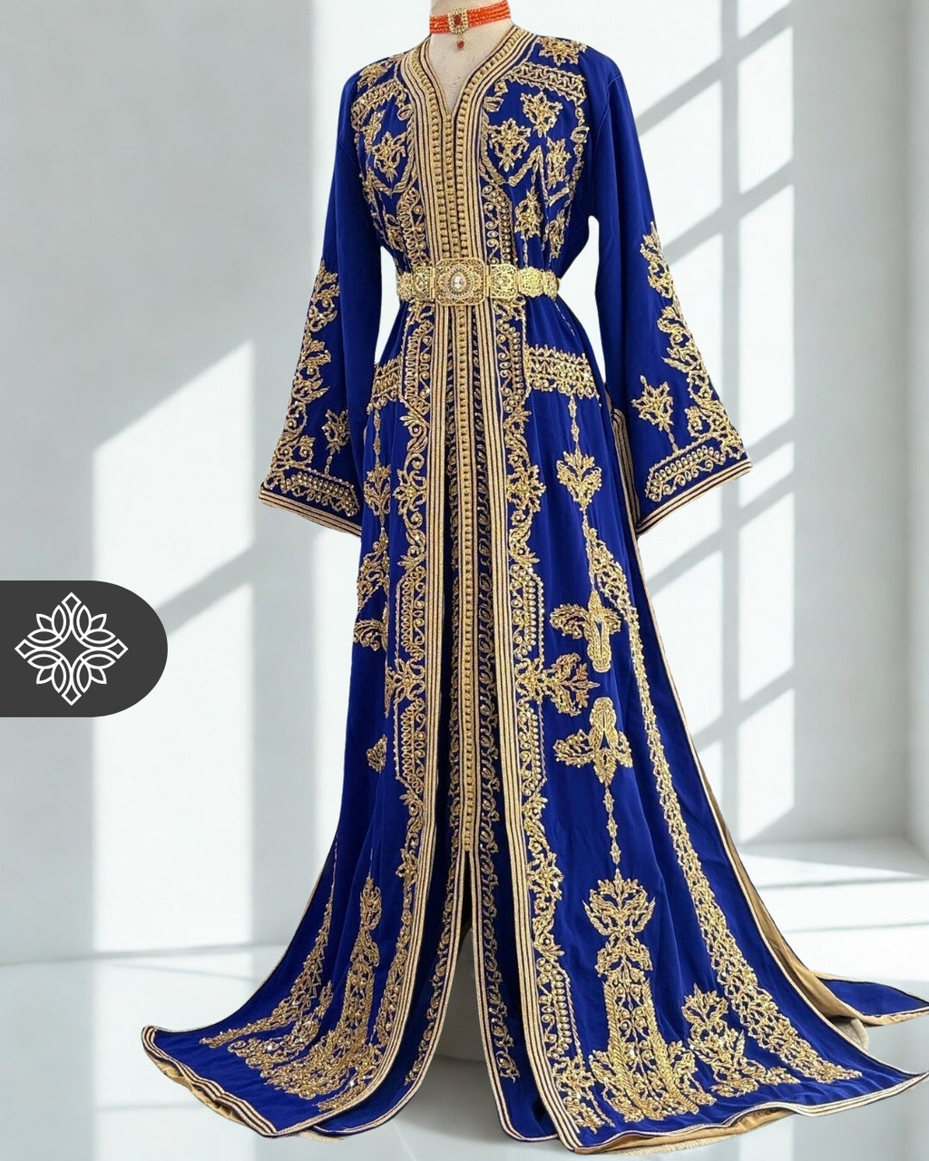 Royal Blue Moroccan Two-Piece Kaftan | Golden Embroidery | Luxury Takchita