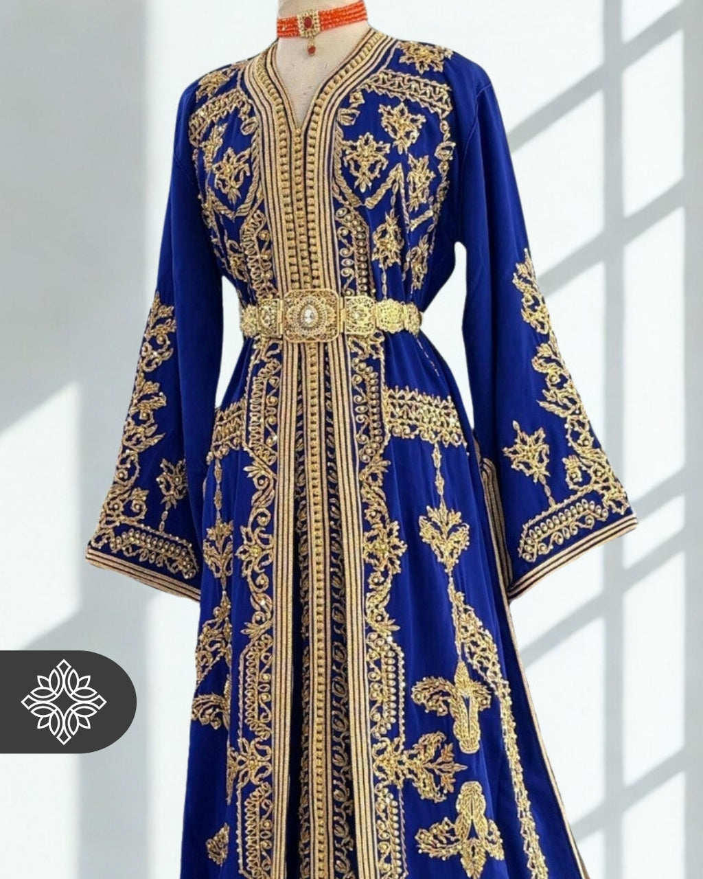 Royal Blue Moroccan Two-Piece Kaftan | Golden Embroidery | Luxury Takchita