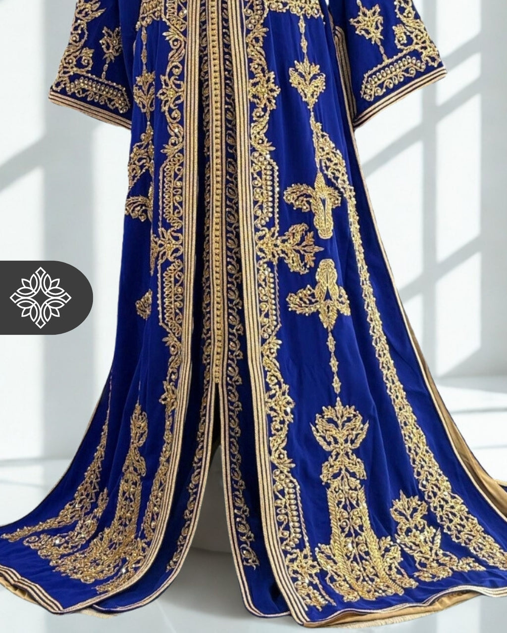 Royal Blue Moroccan Two-Piece Kaftan | Golden Embroidery | Luxury Takchita