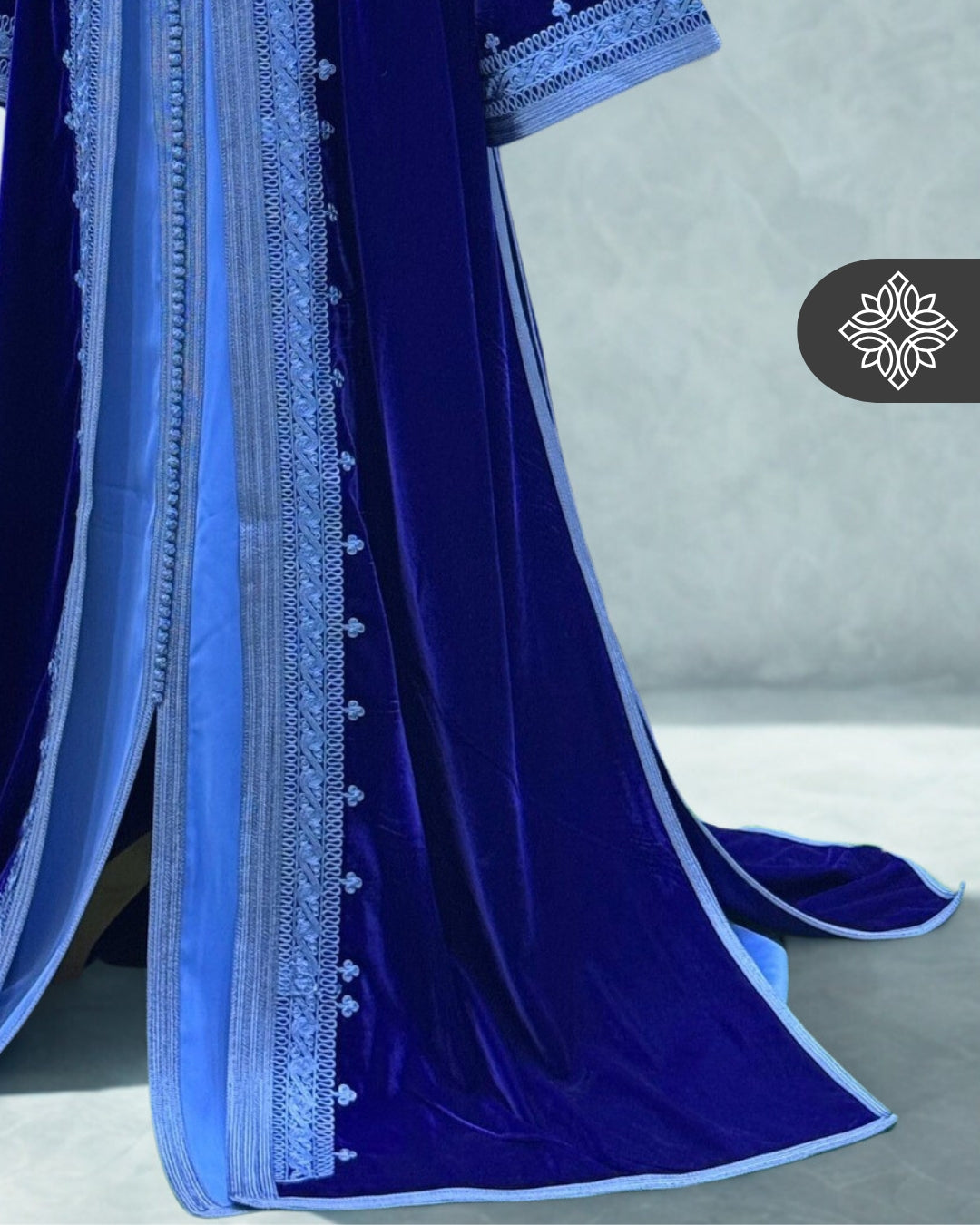 Royal Blue Moroccan Two-Piece Kaftan, Takshita | Sky Blue Embroidered Velvet
