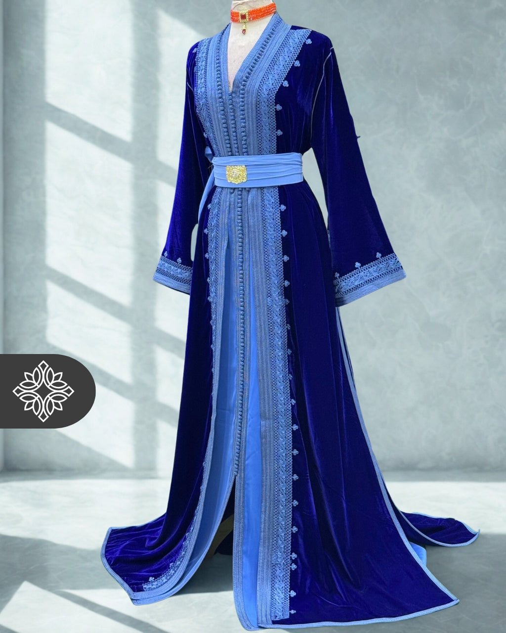 Royal Blue Moroccan Two-Piece Kaftan, Takshita | Sky Blue Embroidered Velvet