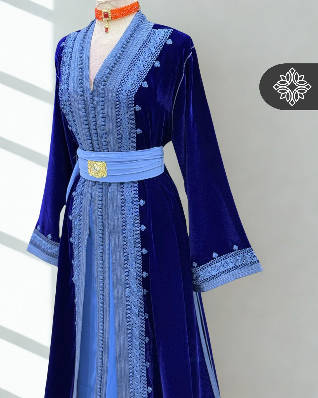 Royal Blue Moroccan Two-Piece Kaftan, Takshita | Sky Blue Embroidered Velvet