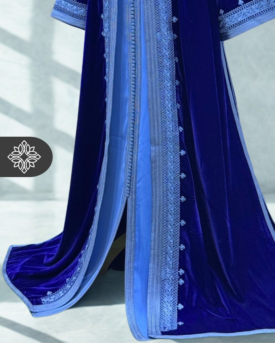 Royal Blue Moroccan Two-Piece Kaftan, Takshita | Sky Blue Embroidered Velvet