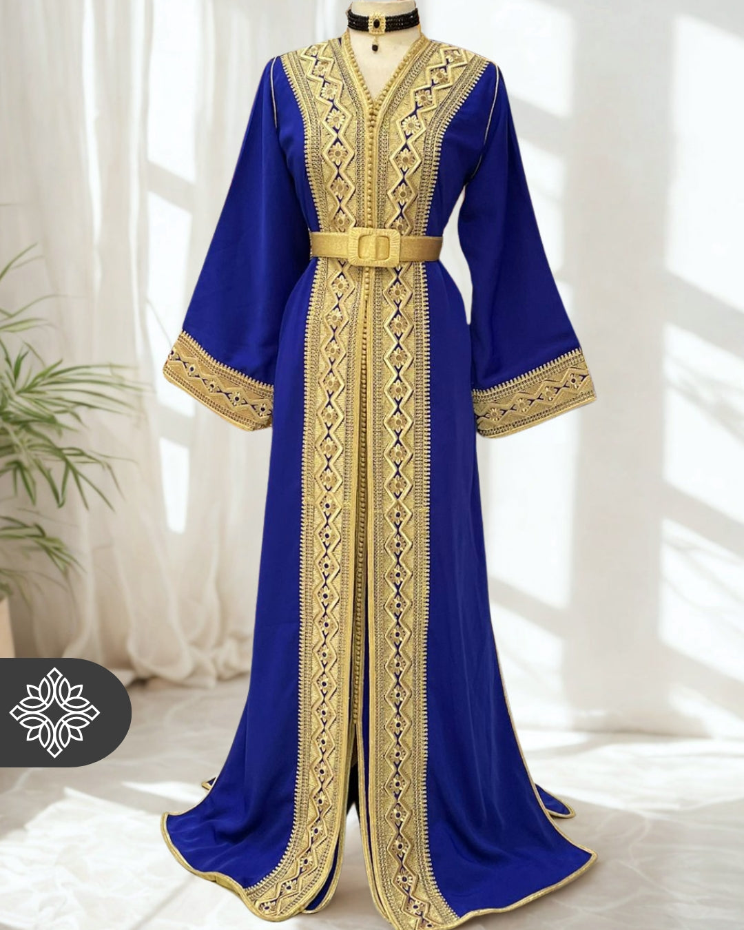 Amber Brown Moroccan Two-Piece Kaftan, Takchita Gold Embroidered