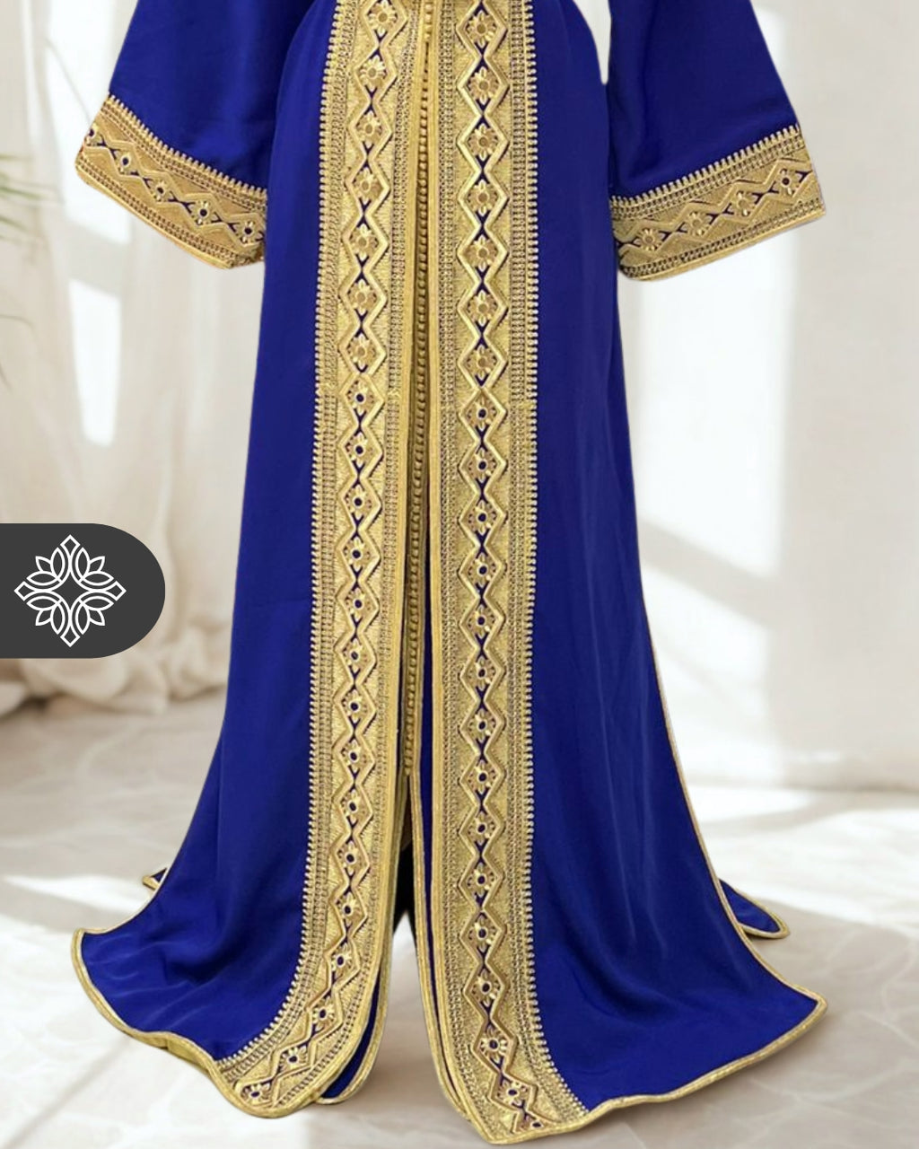 Amber Brown Moroccan Two-Piece Kaftan, Takchita Gold Embroidered