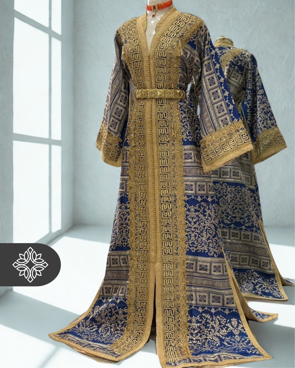 VIP Royal Blue Moroccan Kaftan | Luxury One-Piece Brocade Kaftan | Golden Hand Embroidery