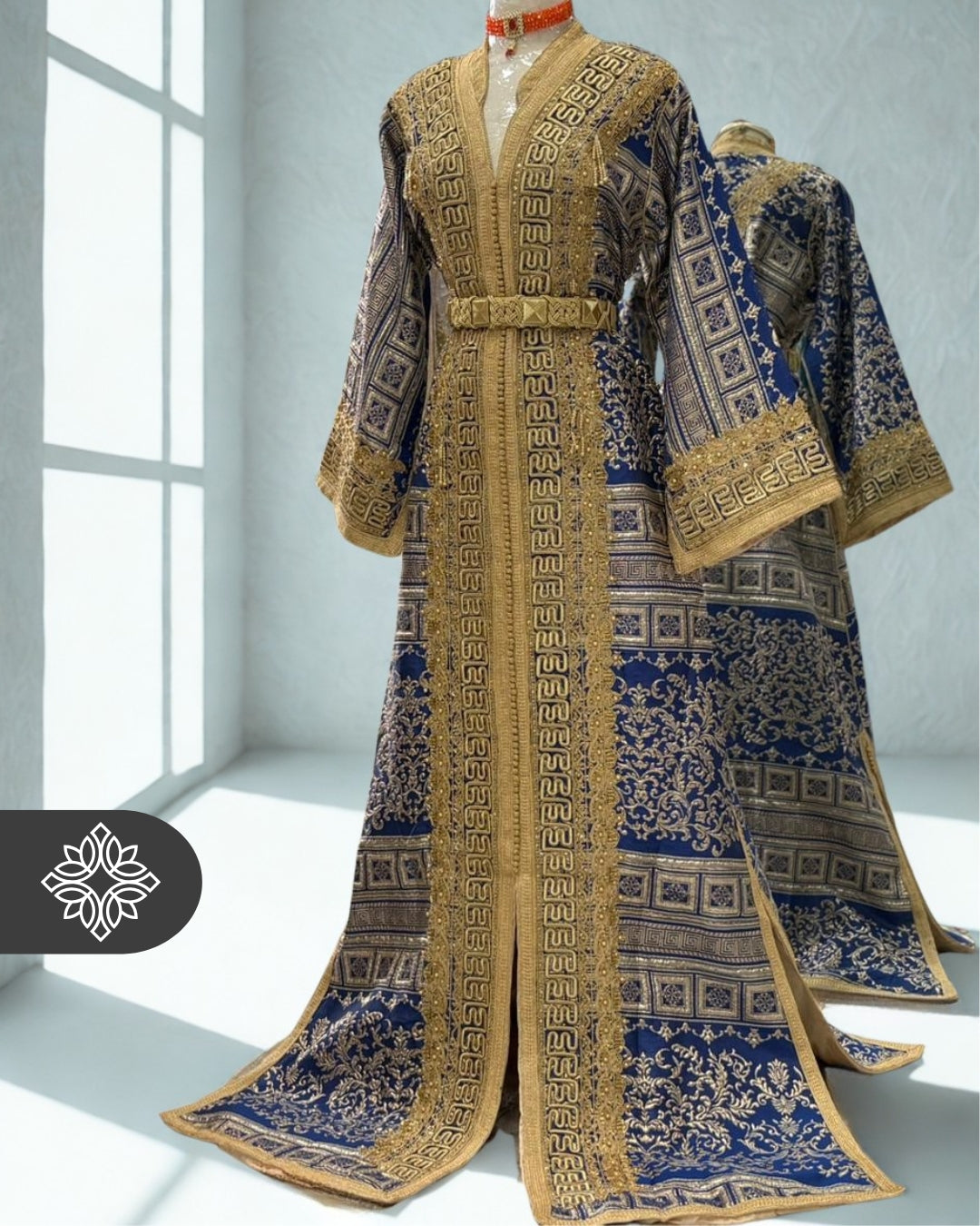 VIP Royal Blue Moroccan Kaftan | Luxury One-Piece Brocade Kaftan | Golden Hand Embroidery