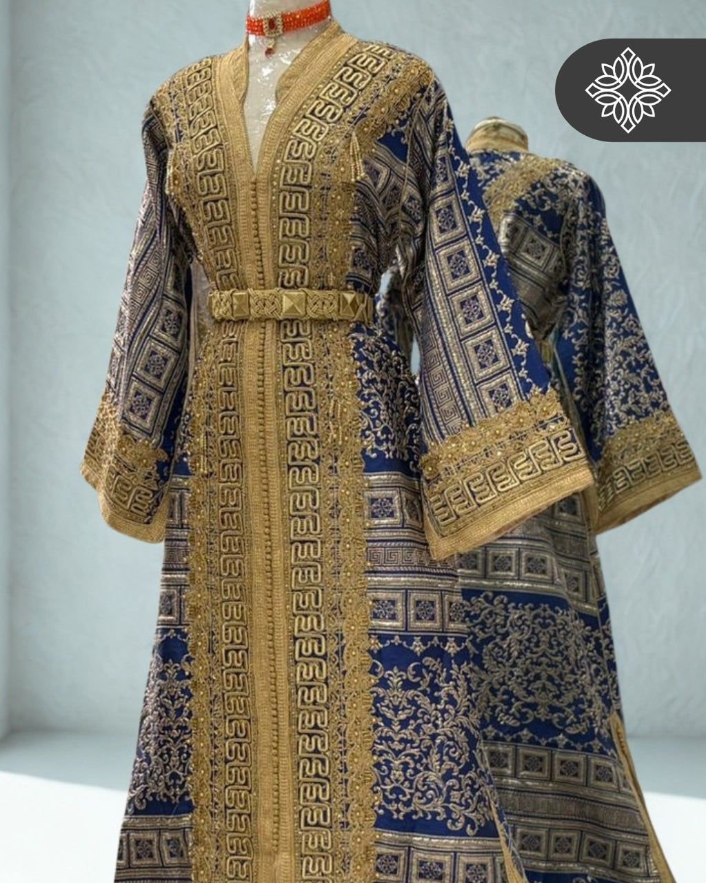 VIP Royal Blue Moroccan Kaftan | Luxury One-Piece Brocade Kaftan | Golden Hand Embroidery